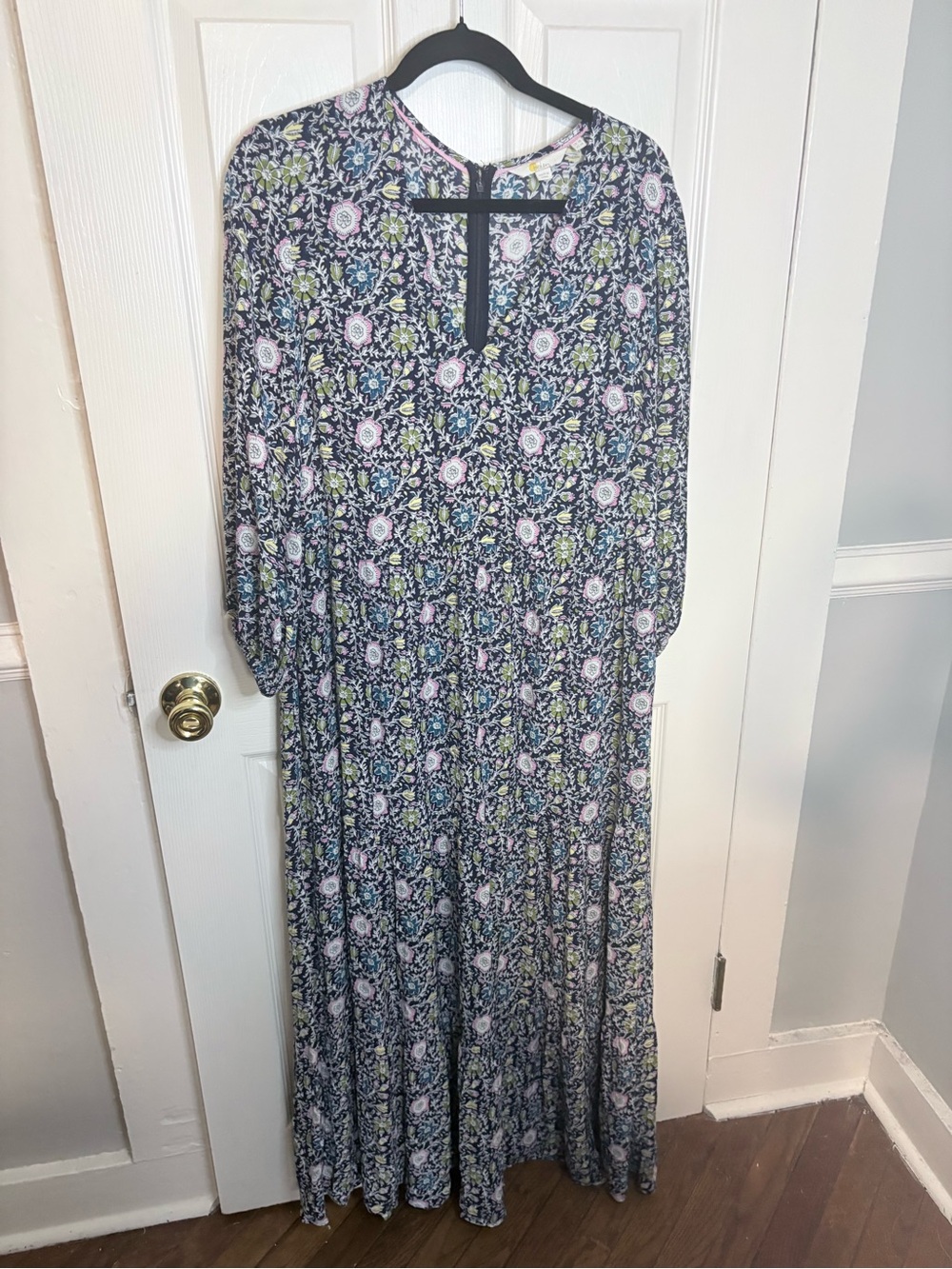 Boden Floral Maxi Dress Size 14 V-Neck Balloon Sleeve EcoVero Navy - Picture 2 of 11
